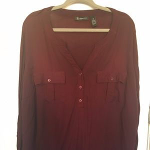 PlusSize Burgundy Half Button Down Roll Sleeve Top